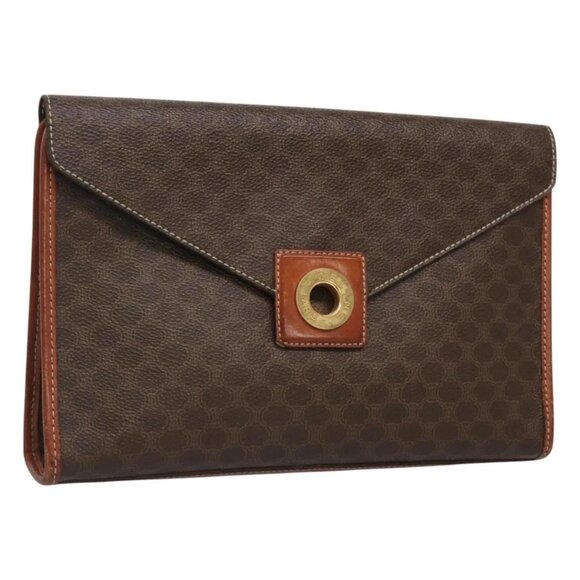 CELINE Macadam Canvas Clutch Bag PVC Leather Brown Gold - Picture 1 of 15